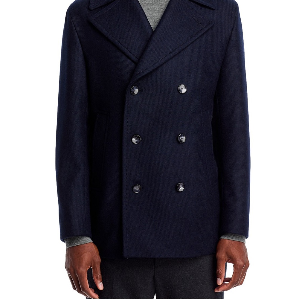 BOSS mens navy double breasted peacoat, size US 42R